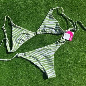 Jobee Women’s Large Bikini L Green White Zebra Stipe Print Adjustable Swimsuit